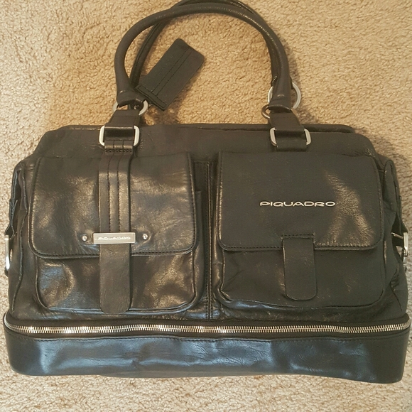 Piquadro Black Leather Duffle Bag Weekender - Picture 10 of 16